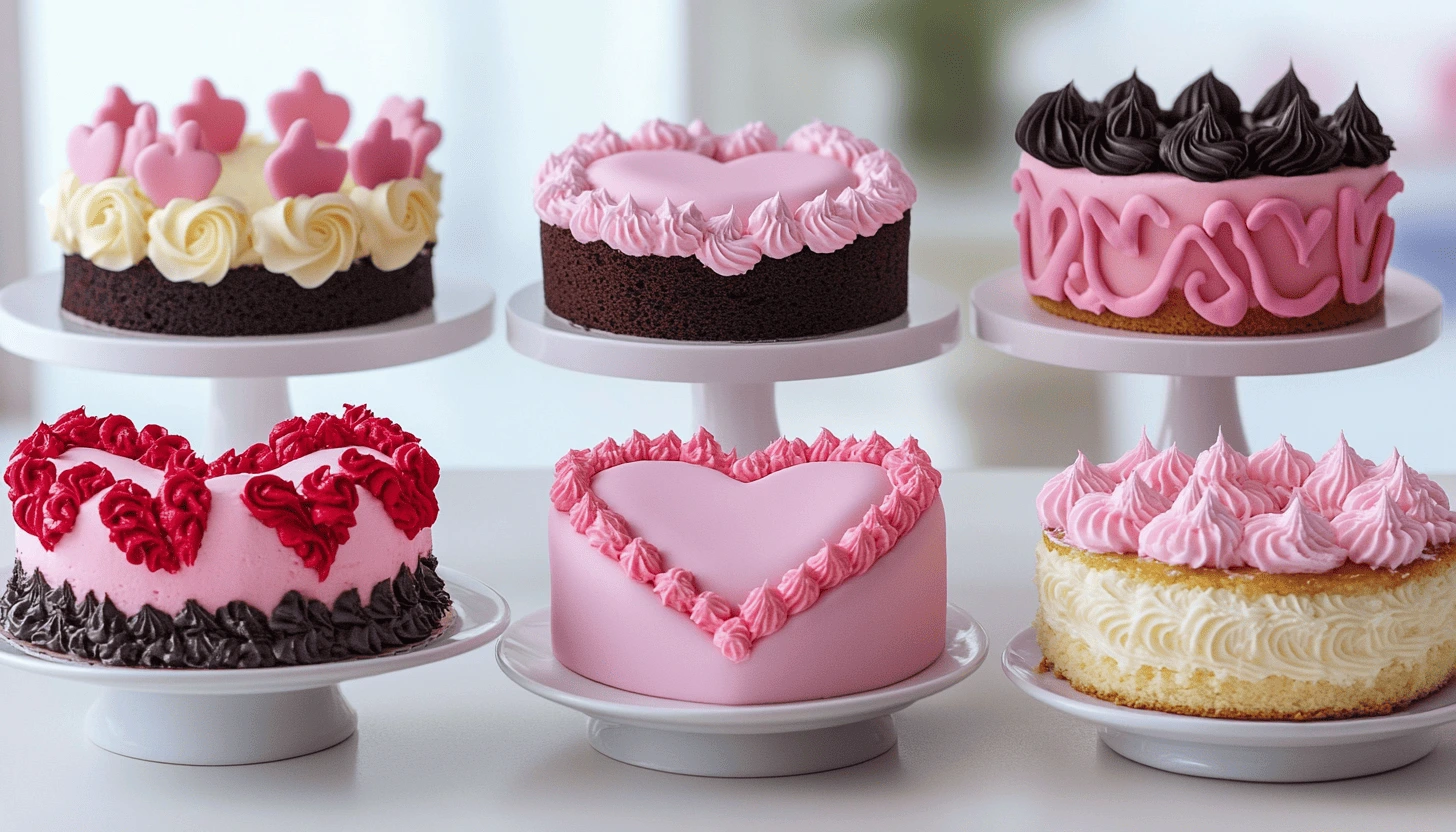 A beautifully decorated heart-shaped cake with smooth pink frosting, intricate white piping designs, and a garnish of fresh strawberries on top.