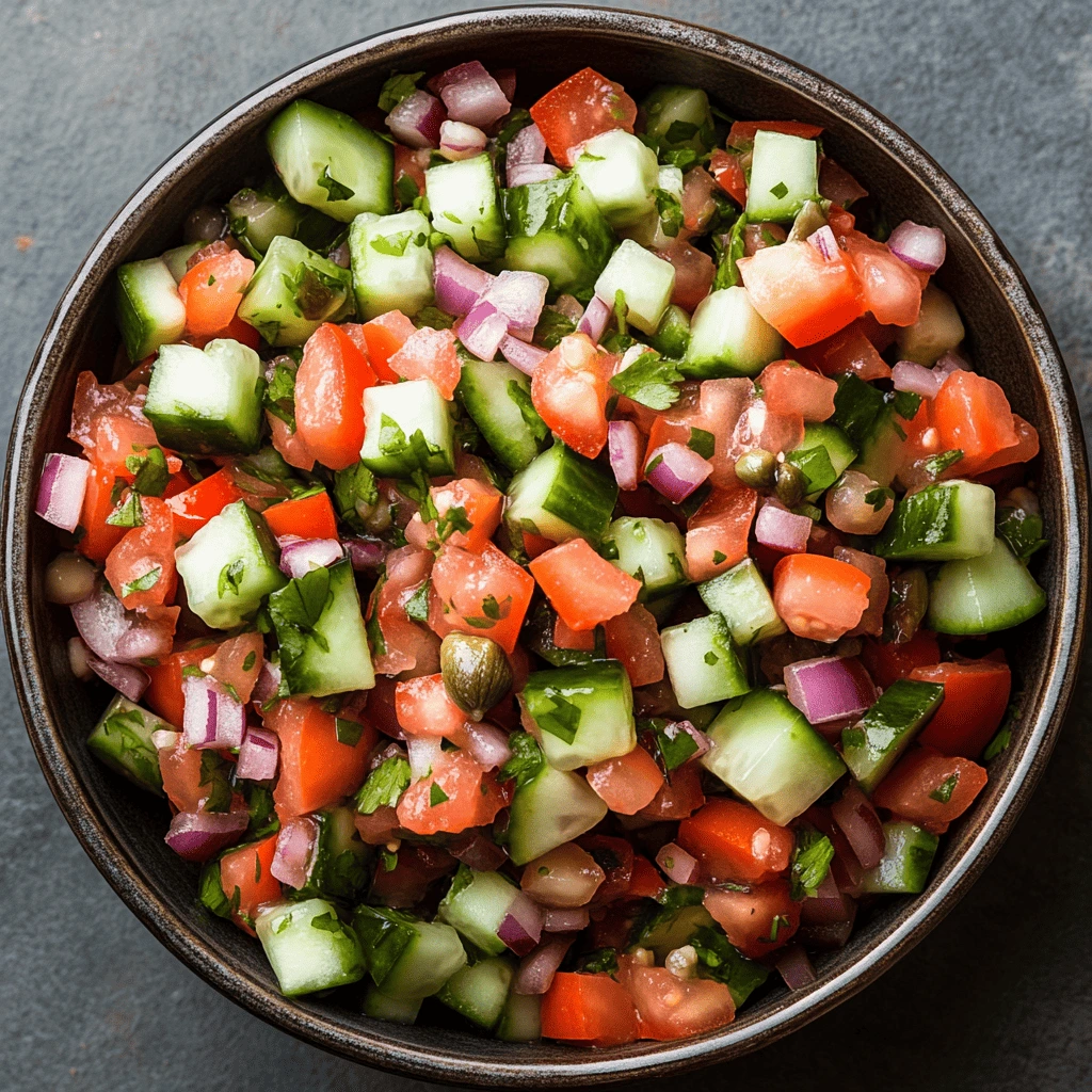 Fresh cucumber salad served in a white bowl, garnished with dill and a light vinaigrette dressing, perfect for a refreshing side dish.