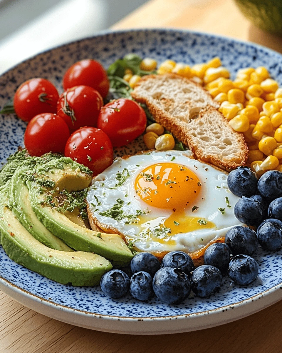 A beautifully arranged breakfast plate featuring scrambled eggs, crispy bacon, avocado slices, fresh berries, and whole wheat toast on a white plate, garnished with herbs and served with a glass of orange juice