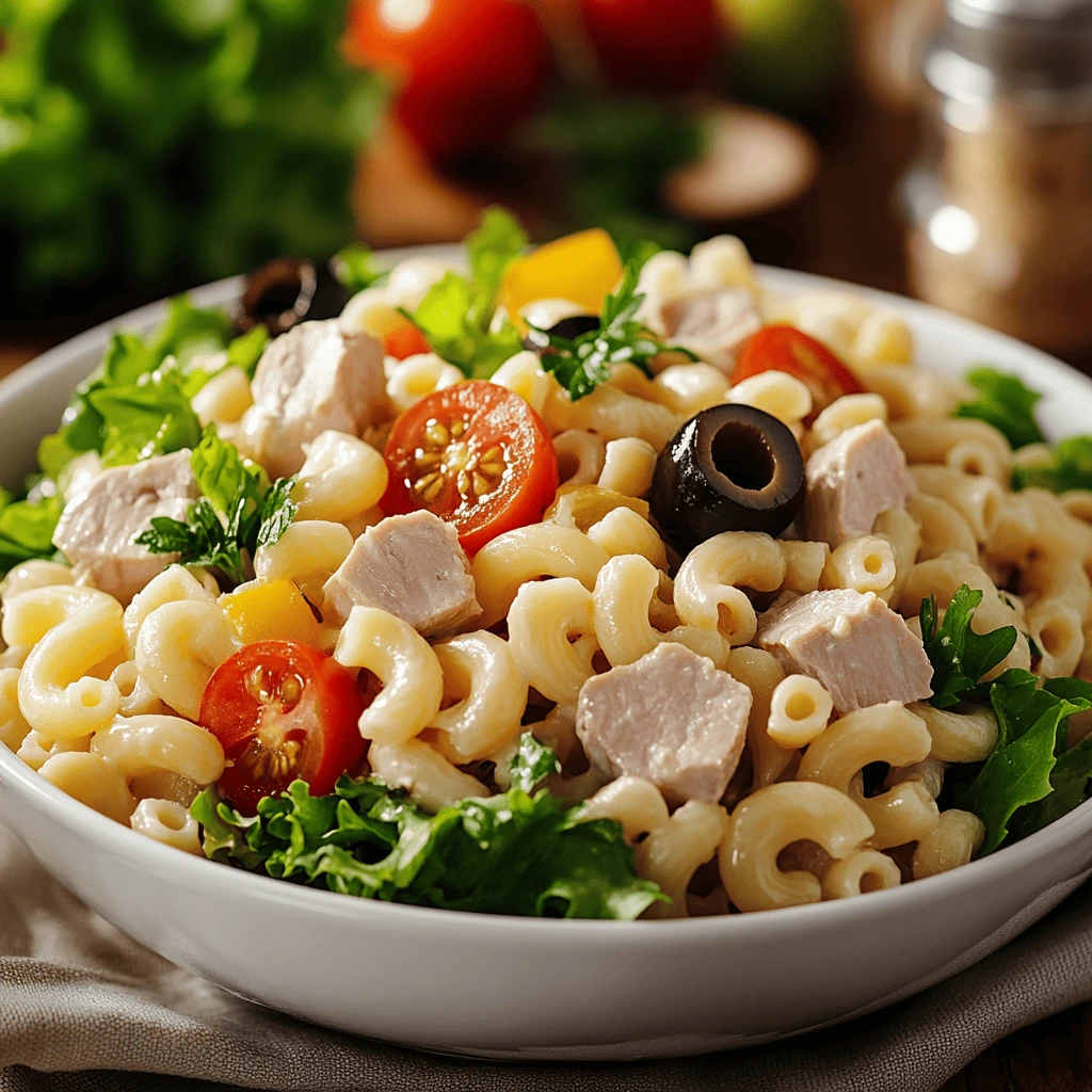 Classic macaroni salad with creamy dressing, diced celery, red onions, and sweet pickle relish, served in a white bowl, garnished with parsley