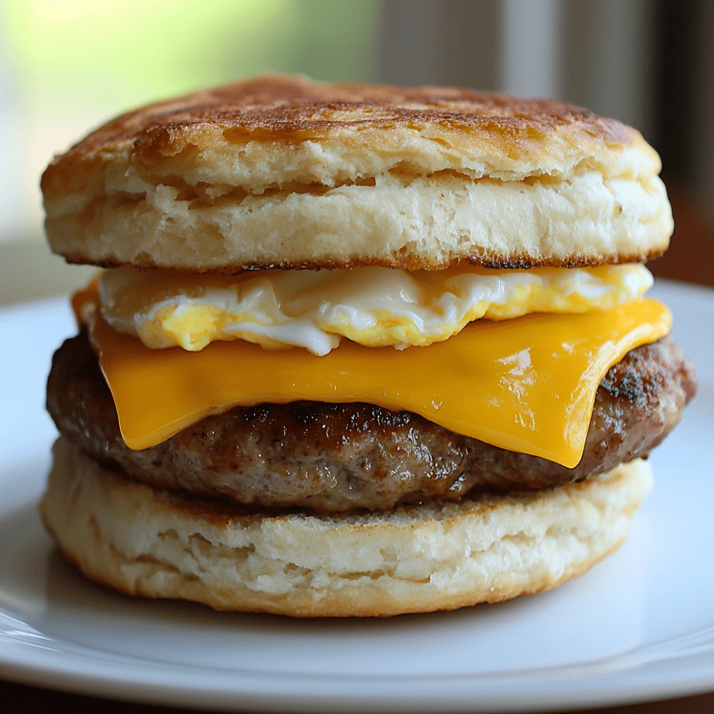 Jimmy Dean breakfast sandwich with egg, sausage, and cheese on a flaky biscuit, served on a rustic wooden plate.