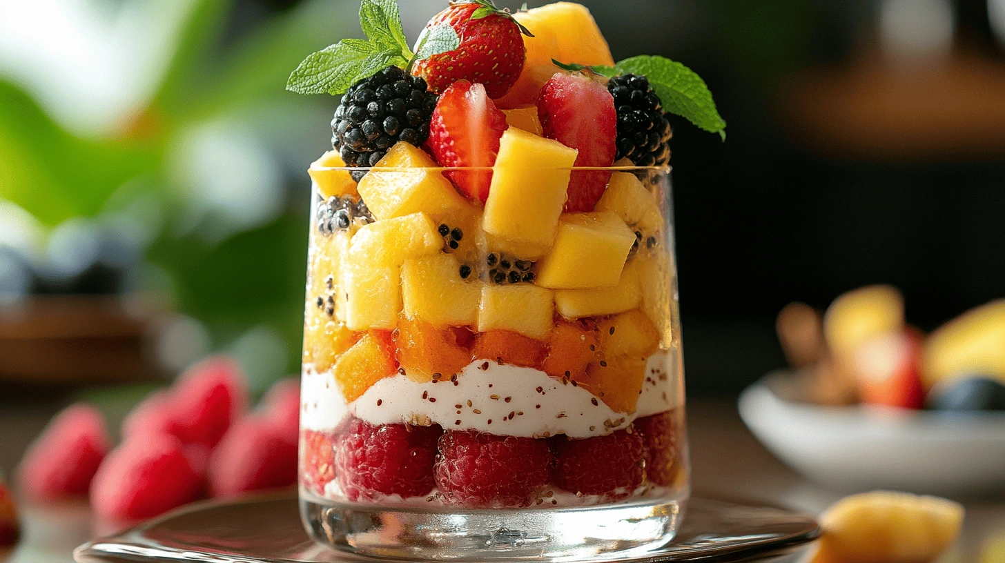 A vibrant assortment of fruit cups filled with colorful fresh fruits like berries, melon cubes, and citrus slices, displayed in clear containers on a white table.