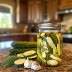 Refrigerator dill pickles in a mason jar with garlic and dill