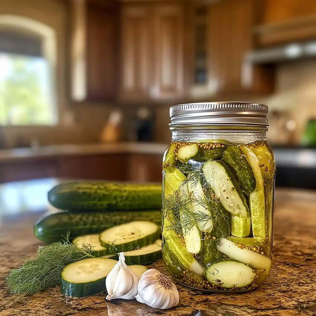 Refrigerator dill pickles in a mason jar with garlic and dill