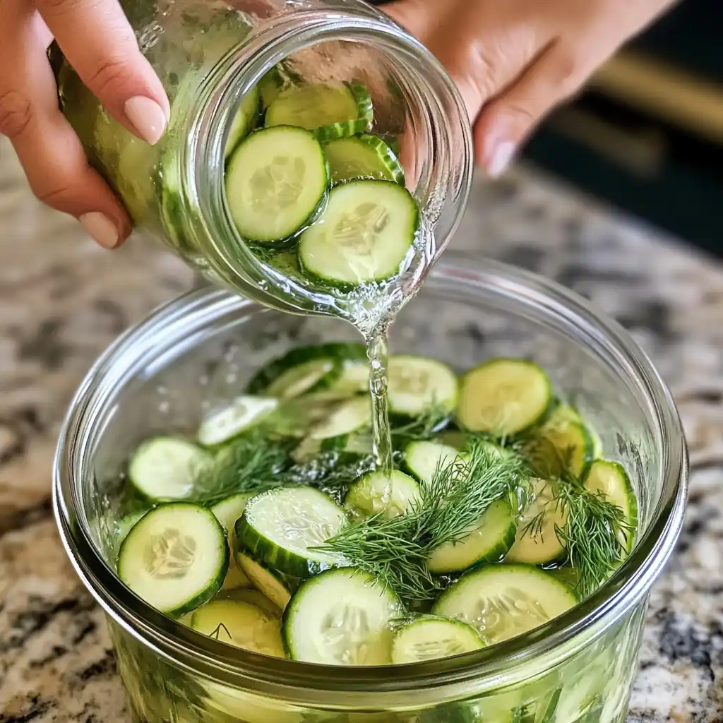 Refrigerator Dill Pickles: The Ultimate Guide to Crisp, Tangy, No-Cook Pickles Pouring brine into refrigerator dill pickles jar