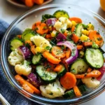 Close-up of colorful marinated vegetable salad in a glass bowl