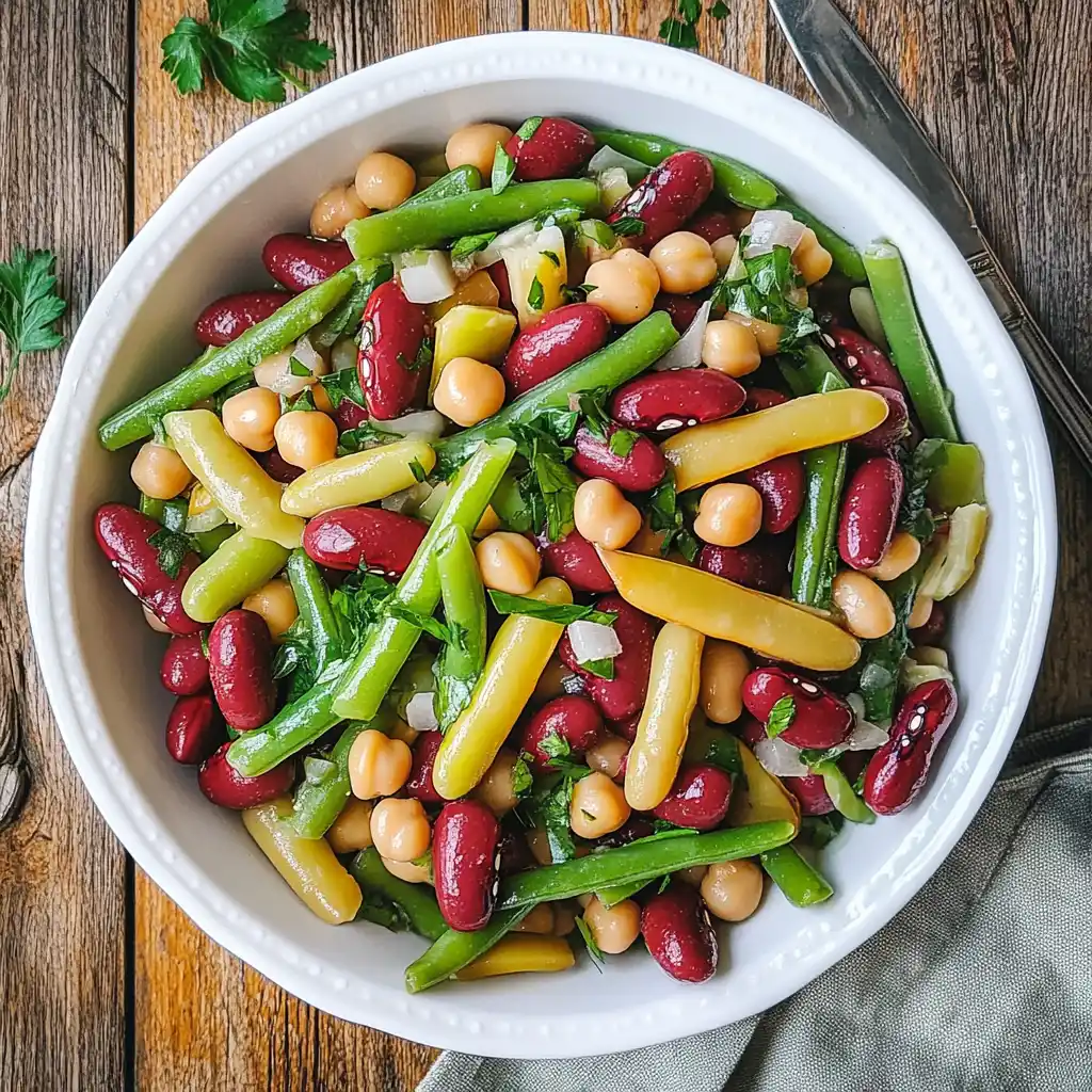 Colorful Three Bean Salad in a rustic bowl